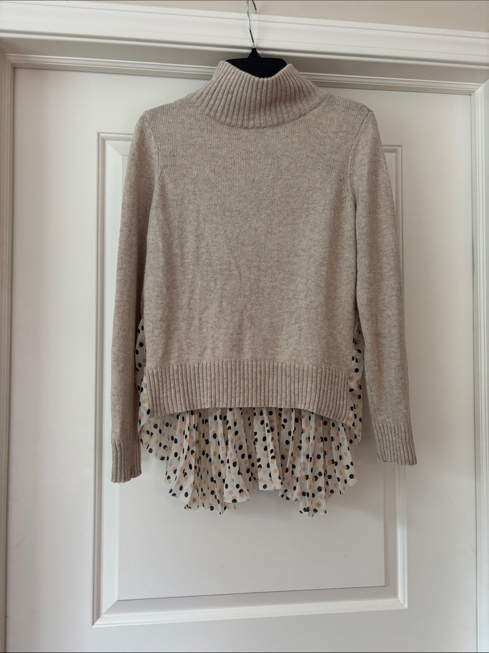 Moth Neutral Beige Turtleneck Sweater with Polka Dot Chiffon Back and Hem